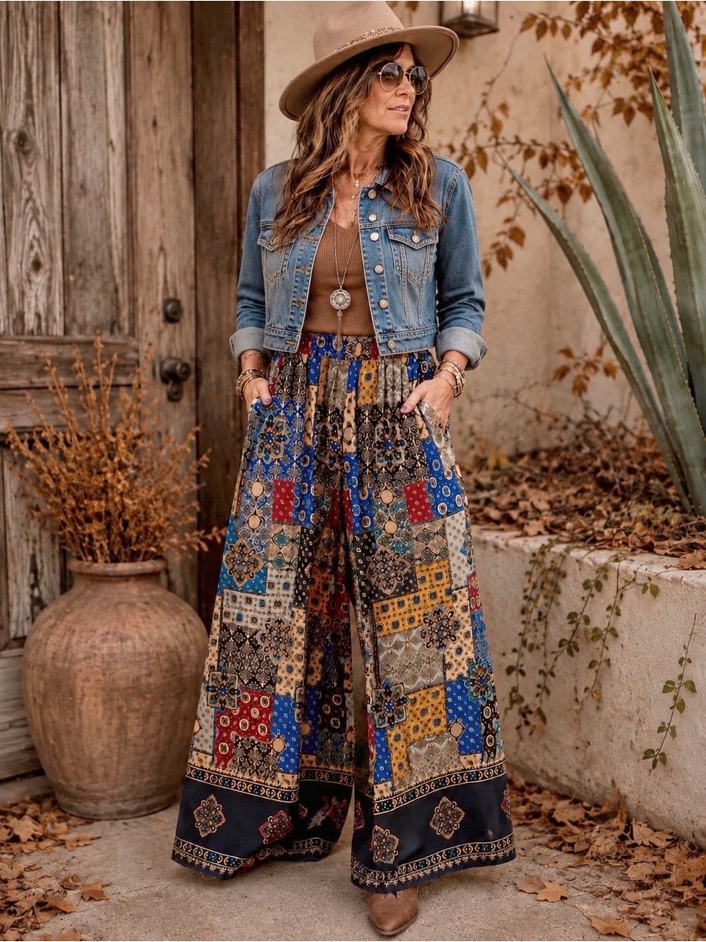 Sage & Fig Patchwork Boho Palazzo Pants NWT Size Large Wide Leg Festival